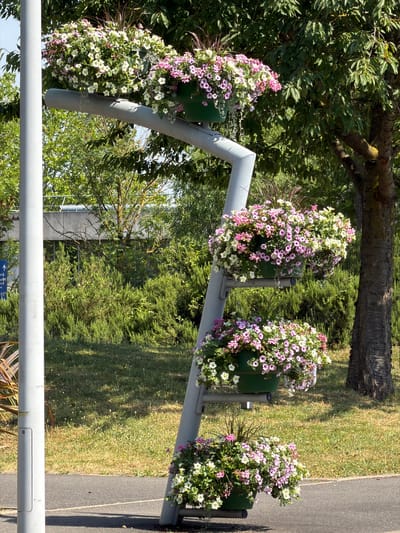 The image shows a metal structure holding several hanging planters filled with flowers. The planters are arranged on the structure at different heights. The flowers are a mix of pink, white, and purple. The structure is grey and appears to be made of metal pipes. The background consists of trees, grass, and a paved area. The scene appears to be outdoors on a sunny day. There is a sign on a pole in the lower part of the image, but the text is illegible. The image is taken at an angle, with the top of the image appearing on the left and the bottom on the right. The overall scene suggests a well-maintained public space, possibly a park or a street with decorative elements. The lighting suggests it is daytime. There are no people visible in the image.