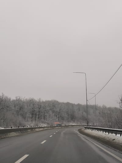 The image displays a winter road scene in Humentsi, Ukraine, under an overcast, light grey sky. A two-lane asphalt road, appearing wet, curves sharply to the right. White dashed lane markings are visible in the center, with a solid white line defining the right shoulder. A concrete barrier separates the left side of the road from a snow-covered embankment and a dense, leafless forest whose trees are dusted with snow or frost. A red and white chevron sign, indicating a sharp right curve, is visible on the left side beyond the concrete barrier. On the right side of the road, a metal guardrail runs parallel to the pavement, with accumulated snow at its base. Two tall, dark grey street lamps are positioned on the right, with overhead power lines visible extending across the upper right quadrant. A single dark-colored vehicle is discernible in the distance on the left side of the road, near the curve. No individuals are present in the scene.