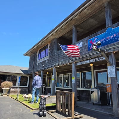 An American flag flies on a pole outside a wooden building with shingled siding. A person wearing a blue plaid shirt and jeans stands on a grassy area, holding a leash attached to a bulldog. Next to the person is a folded collapsible wagon. A sign on the building reads "SCREW & BREW." Another sign indicates "HAYSTACK SQUARE PARKING ONLY FOR CUSTOMERS & TENANTS." An orange water cooler with a "BREW & BREN" sticker sits on a table. The scene is set against a clear blue sky on a sunny day.