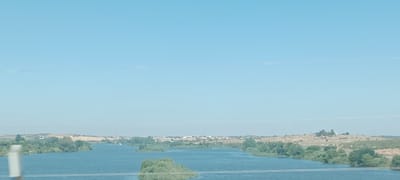 This is a wide-angle, eye-level, daylight, outdoor shot of a wide river, possibly the Guadiana River, as seen from a bridge or elevated position. The river occupies the lower half of the frame and is a deep blue color. The banks of the river are lined with lush green trees and vegetation, with some small islands of greenery visible within the water.
In the distance, a town or city is visible on the rolling hills beyond the river. The buildings are small and scattered, with some appearing to be white or light-colored. The landscape is arid and hilly, with patches of dry grass and scrub. The sky is a clear, pale blue, with a faint horizon line visible in the distance.
There are two thin, horizontal power lines crossing the sky in the upper portion of the image. There are no people or animals visible in the scene. The overall impression is one of a serene, natural landscape with a small human settlement integrated into it. The city of Mérida, Spain, is known for its Roman ruins and its location on the Guadiana River, making this image potentially of that area.