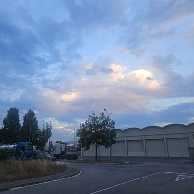 The image depicts an exterior view of a commercial or industrial area, likely a logistics or transport hub, in Vic, Spain. The scene is characterized by a dusky sky with scattered clouds, some illuminated by warm, soft light, suggesting it is either early morning or late evening. In the foreground, a paved asphalt area with white road markings curves into the frame. To the left, there is a patch of dry, yellowish grass and a curb.
Dominating the mid-ground are several large trucks, one of which is a blue tanker truck with the text "MARLED TRANS" visible on its cab. Adjacent to it is a white truck cab, and further back, other trucks and trailers are parked. A dark-colored passenger car is positioned between two trucks. A line of tall, dark green trees stands to the left, and a smaller, leafy tree with a street lamp nearby is in the center of the frame.
In the background, a long, light-colored building with a distinctive wavy roofline and multiple large, closed garage doors stretches across the scene. There are also utility poles and wires visible. The overall impression is one of a functional, working environment captured during a period of low light.