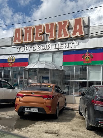 The image shows the exterior of a building in what is identified as Yelizavetinskaya, Russia. A sign in Russian, which translates to "Trading Center Anchor" (Торговый Центр Якорь), is prominently displayed on the building facade. Two flags are visible: one appears to be the flag of Russia, and the other one seems to be the flag of Adygea. Several cars are parked in front of the building, including a brown Kia Rio with a Russian license plate X209TE123. The building has a glazed facade with multiple glass panes and a covered entrance. The sky is visible with some clouds.