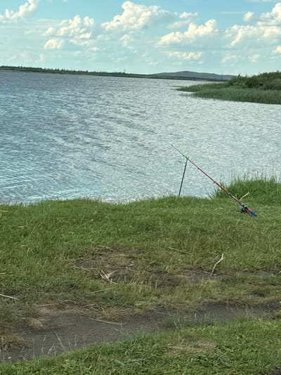 The image displays an outdoor scene in Айдарлы, Kazakhstan, dominated by a large body of water under a partly cloudy sky. The sky is light blue with scattered white cumulus clouds. The foreground presents a grassy bank with patches of exposed dirt and drier grass, sloping downwards towards the water. In the mid-ground, a red and blue fishing rod is propped on a dark support stand, with its line extending into the water where a green bobber is visible. The water surface is a ripple-textured blue-grey, stretching into the distance. Along the right mid-ground shoreline, a dense stand of tall green reeds or marsh grass grows. Within this vegetation, a dark, partially obscured figure is discernible. The distant left background shows a flat horizon line with subtle vegetation, while the distant right background reveals a low-lying hill or mountain range.