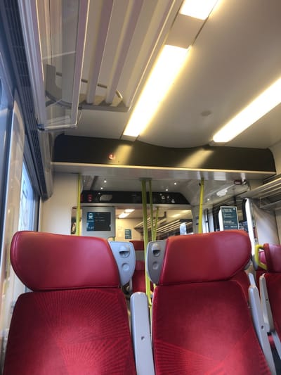 The image displays the interior of an unoccupied passenger train carriage, likely situated near Steinbourg, France, given the context and on-screen destination "Strasbourg." The view is from a forward-facing perspective within the carriage. Rows of vacant seats, upholstered in red fabric with a subtle radial pattern on the lower section and solid red headrests, are prominent. Seat frames and armrests are light grey. The ceiling is white, equipped with multiple long, rectangular fluorescent light fixtures providing bright illumination. Overhead luggage racks with clear panels are visible along the left side of the carriage, above windows that show a blurred exterior. Dark grey panels run above the windows and aisle, containing recessed elements. Several bright yellow-green vertical support poles extend from the floor to the ceiling. A digital information display screen is centered down the aisle, exhibiting a train icon, the number "838005", "Strasbourg", and the time "11:47". A sign on the right, partially visible, reads "LE TRAFIC TER EST INTERROMPU..." No individuals are present in the frame.