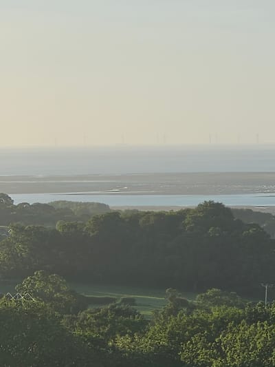 The image shows an aerial view of the coast near Holywell, United Kingdom. The left side is dominated by a hazy sky and distant, faint silhouettes of wind turbines. A wide expanse of beach and mudflats stretches vertically, bordered on the right by a coastline with lush, green trees. Further inland on the right, a grassy area is visible, possibly a park or golf course, with utility poles extending from the treeline. The focus is on the natural landscape, with minimal signs of human presence beyond the wind turbines and utility infrastructure.