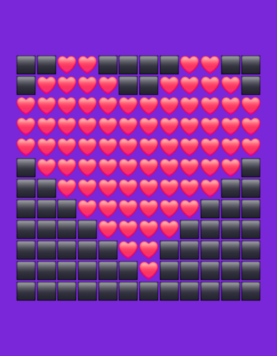 This image is a digital illustration of a large heart shape formed by red heart emojis and dark grey square emojis against a vibrant purple background. The heart is symmetrical and appears to be constructed on a grid. The lower portion of the heart and the sides are outlined with the grey squares, while the interior is filled with red heart emojis. The composition is centralized within the frame. The image is a digital creation and does not depict any real-world location or scene, including Rastatt, Germany.