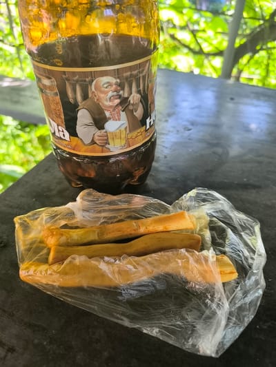 This is a close-up, eye-level shot of a plastic bottle of beer and a plastic bag containing several pieces of jerky. The beer bottle has a label featuring a caricature of an old man with a mustache, holding a mug of beer and a pipe, with dried fish hanging in the background. The bottle is mostly full of a dark amber liquid. The jerky pieces are long and thin, with a yellowish-brown color. They are packaged in a clear plastic bag.
The subjects are placed on a dark, textured surface that appears to be a table. In the background, out of focus, are green leaves and trees, suggesting an outdoor setting, possibly a yard or a park. The lighting indicates it is daytime, with bright, diffused light creating highlights on the bottle and plastic bag. The overall mood is casual and relaxed, suggesting a snack or refreshment break.
Visible text on the bottle includes "ЛА" and a Cyrillic word that appears to be "ПИВО" (Pivo, meaning beer). Below that, some smaller text is partially visible. The context provided specifies the location as Bohodukhiv, Ukraine.