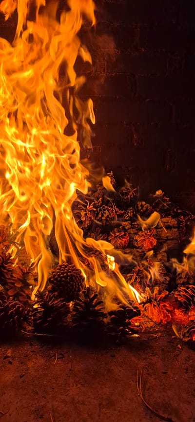The image depicts a close-up view of a fire burning in what appears to be a fireplace or outdoor fire pit. Large, vibrant orange and yellow flames dominate the left side of the frame, reaching upwards. Scattered among the embers and at the base of the fire are numerous pine cones, some of which are visibly charred or burning. The background consists of dark, textured brickwork, suggesting the material of the fireplace or surrounding structure. The ground in the foreground is covered with a reddish-brown, sandy or ashy material, with a few dried pine needles visible. The lighting is predominantly from the fire itself, casting a warm glow on the objects. There are no people or animals visible in the image. The scene is located in the city of Molovata Nouă, Moldova.