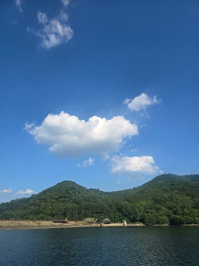 The media file depicts a scenic view of a lush, tree-covered mountain sloping down towards a body of water, likely a lake or reservoir. The sky is a vibrant blue with scattered white cumulus clouds. A man-made structure, possibly a dam or a retaining wall, runs along the edge of the water, separating it from the mountain. Some infrastructure, including what appears to be a small building with a green roof and a white arched structure, is visible on the dam. The water's surface is rippled, suggesting a gentle breeze. The overall impression is one of natural beauty and tranquility, with a touch of human engineering integrated into the landscape. The scene is well-lit, indicating it's daytime, likely midday or afternoon given the brightness. The clear sky and scattered clouds suggest fair weather. The location cues (Gumi-si, South Korea) pinpoint the geographical setting. No people are clearly discernible, and no text is visible.