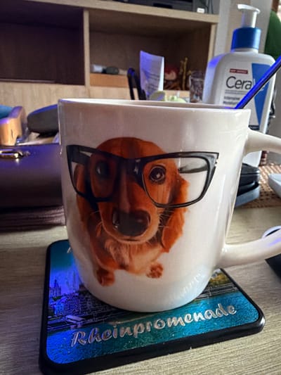 This is a close-up, eye-level, indoor shot of a white mug with a graphic of a dachshund wearing glasses. The mug is placed on a coaster depicting a European cityscape with the text "Rheinpromenade" on it. In the background, a bottle of CeraVe moisturizer is visible on a shelf. The scene appears to be on a desk or table, with other objects and furniture subtly blurred in the background. There is no indication of the location being Castillo Bajo-conejito, Spain.