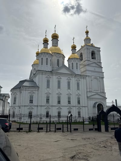 The image shows the Resurrection Cathedral in Arzamas, Russia. The cathedral is a large white building with multiple golden domes. A black wrought-iron fence surrounds the cathedral. The sky is cloudy. A sidewalk or road appears in the foreground, and part of a vehicle is visible in the lower right corner.