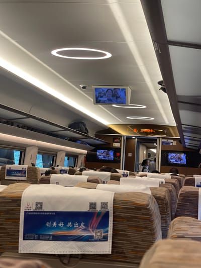 The image shows the interior of a train car, likely a high-speed train, with rows of seats. The seats are upholstered in a patterned fabric with a brown and beige color scheme, and each seat has a white headrest cover. Many of the headrest covers display a blue banner with Chinese text and QR codes, which appears to be promotional material. Overhead, there are luggage racks and lighting fixtures, including circular LED lights. Small screens are mounted on the ceiling, displaying content. A CCTV camera is visible on the ceiling. Towards the rear of the car, there is an open doorway leading to another section of the train, and a train attendant is visible standing near the doorway. The lighting in the train car is a mix of overhead lights and the light from the screens. The overall impression is that of a clean and modern train interior, designed for passenger comfort during travel. The presence of Chinese text on the banners and the potential context of "Dongguan" suggest the location is within China.