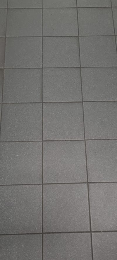The image displays a close-up, top-down view of a tiled floor. The tiles are square and a uniform dark gray color, with visible grout lines forming a grid pattern. The surface of the tiles appears to have a slightly textured or speckled finish. There are no people, objects, or discernible environmental features present, suggesting the image is a detail shot of flooring. The context of Oldenburg, Germany is not visually ascertainable from the image itself; the description pertains solely to the visual content of the photograph.