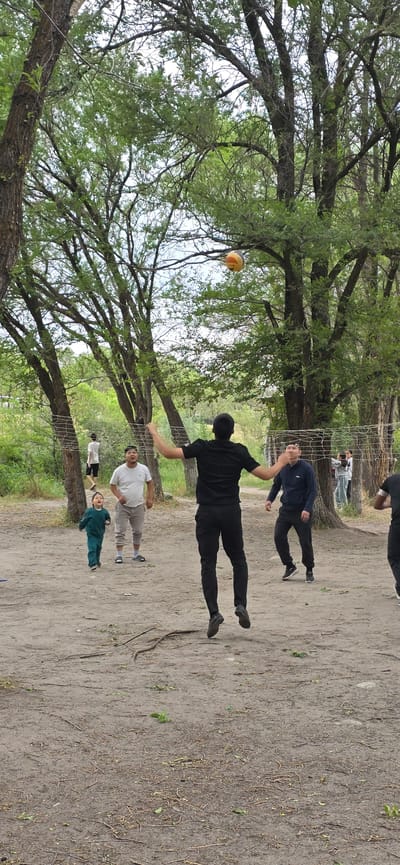 In Кашка-Суу, Kyrgyzstan, a group of people are engaged in a game of volleyball in a wooded area. The scene captures a moment of active play, with a man in a black shirt mid-air, reaching for the ball. The ball is visible in the upper right quadrant of the image, suspended near a tree branch. Several other individuals are positioned around a volleyball net, which spans across the frame, suggesting an informal match. The ground is covered in dirt and scattered leaves and twigs, indicative of an outdoor, natural setting. The background is filled with lush green trees, creating a canopy overhead and contributing to the park-like atmosphere. The overall image portrays a casual gathering enjoying a recreational activity amidst nature.