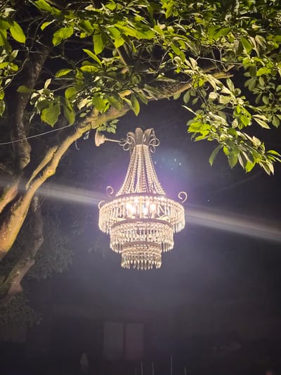 An ornate, multi-tiered crystal chandelier hangs from a tree branch at night. The chandelier is illuminated, casting a warm glow and reflecting light off its numerous crystal prisms. Green leaves from the tree canopy frame the top of the image, and the dark night sky forms the background. A beam of light, possibly from a spotlight, cuts horizontally across the scene from left to right, passing through the chandelier. The base of a large tree trunk is visible on the left, its bark textured and illuminated. In the lower portion of the image, the background is dark and indistinct, with faint hints of structures or foliage. The scene appears to be outdoors, in an area that could be a garden or park within the municipality of Bettembourg, Luxembourg.