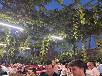 The image shows an outdoor dining scene at dusk under a canopy of grapevines. The location is identified as Aljarilla, Spain. Several tables covered with white tablecloths are set up, with patrons seated and engaged in dining and conversation. Red chairs are visible around the tables. Overhead, a green metal structure supports the dense foliage of grapevines, from which vines hang down, some with grapes. Linear light fixtures are mounted on the structure, illuminating the area. In the foreground, a man with dark hair and a blue shirt is looking towards the camera. Further back, a man in a light pink shirt is pouring beer from a large glass bottle. Other individuals are visible in the background, some talking, some eating, and some looking around. The sky is a deep blue, indicating evening. The overall atmosphere appears relaxed and social, characteristic of an outdoor restaurant or gathering space.