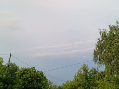 The image captures a view of the sky and treetops in Naruksovo, Russia. The sky is predominantly a light blue with some soft, wispy clouds. In the foreground, lush green trees dominate the lower portion of the frame. A wooden utility pole with wires is visible on the left side, extending upwards and diagonally across the scene, with wires also stretching across to the right. The overall impression is of an outdoor, natural setting within the town.