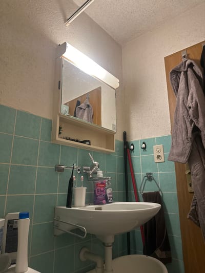 This image presents a static view of a bathroom located in Höri, Switzerland. The walls are partially tiled with light blue-green square ceramic tiles extending approximately halfway up, while the upper wall sections and ceiling are off-white with a textured finish.
A white wall-mounted mirrored medicine cabinet with an integrated horizontal fluorescent light fixture is centered above a white ceramic wall-mounted sink. The sink features a chrome single-lever mixer faucet and exposed chrome P-trap plumbing below. On the left side of the sink, a black electric toothbrush and a pink manual toothbrush are placed in a white cylindrical cup. To the right of the faucet, a clear pump bottle of Colgate "All in One" mouthwash and a smaller purple plastic bottle are present.
The mirror's reflection shows a brown or gray textured bathrobe hanging on a silver-colored hook on a light brown wooden door, which is positioned to the right of the sink area. The open shelf below the mirror contains a black hairbrush and a small green artificial plant or decorative foliage.
To the immediate right of the sink, mounted on the tiled wall, is a chrome circular towel ring holding a folded dark brown hand towel with a light-colored geometric pattern. Above the towel ring, a white European-style electrical outlet with two circular sockets is visible. Two black, possibly penguin-shaped, hooks are mounted on the tiled wall to the left of the outlet. Leaning against the wall in the corner, between the sink and the door, are the handles of cleaning implements; one is black and the other is red. On the far left, partially visible, are two white plastic bottles, one with a blue cap, resting on an unseen surface. No individuals are present in the scene.