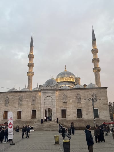 The image displays the Yeni Cami (New Mosque) situated in the Eminönü quarter of the Fatih district, Istanbul, Turkey. The mosque, constructed from light-colored stone, features a large central dome, multiple smaller domes, and two tall, slender minarets with illuminated balconies and conical spires, all visible against an overcast, pale gray sky, suggesting dusk or twilight.
The main entrance to the mosque is a prominent arched portal with carved details, accessed by a wide set of stone steps. Numerous individuals are present on these steps, entering or exiting the structure. In the foreground, a paved public square is occupied by multiple pedestrians dressed in casual, cool-weather attire; they are observed walking, standing in small groups, and congregating.
To the left of the foreground, a white vertical banner with a red heart logo and Turkish text promoting blood donation ("KAN VER HAYAT KURTAR" - Give Blood Save a Life; KIZILAY) is partially visible. In the mid-ground, two black public waste bins are present: one with a yellow interior liner and the other with a black liner, topped by a dark, circular object. A black metal lamppost with multiple light fixtures stands on the right side of the square. The scene depicts a bustling urban environment surrounding the historic mosque.