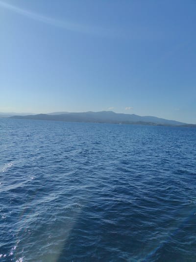 The image depicts a serene body of water, likely the sea, with a clear blue sky overhead. In the distance, a gently sloping mountainous landscape stretches across the horizon, suggesting the coastline of a Mediterranean region. The water is calm, with small ripples reflecting the sunlight, creating a shimmering effect. There are no people or man-made structures visible in the immediate foreground or on the water, emphasizing the natural beauty of the scene. The overall impression is one of tranquility and vastness, characteristic of a coastal landscape in the Municipal Unit of Pelasgia, Greece, known for its beautiful seaside views.
