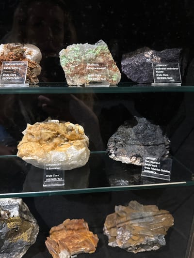 The image displays a shelf in a museum or exhibition containing various mineral specimens. The minerals are arranged on a glass shelf, with labels placed in front of them. Reflections of a person are visible on the glass.
In the top row, from left to right:
- A mineral specimen labeled "PHARMAKOSIDERIT Baryt, Fluorit" from Grube Clara, Oberwolfach.
- A mineral specimen labeled "CHLOROTIL (-Kupferserapiat)" from Grube Clara, Oberwolfach.
- A dark, crystalline mineral specimen labeled "STINKSPAT" (radioaktiv veränderter Fluorit) from Grube Clara, Oberwolfach.
In the middle row, from left to right:
- A light-colored, crystalline mineral specimen labeled "LEPIDOKROKIT in Brauneisen" from Grube Clara, Oberwolfach.
- A dark, rough mineral specimen labeled "CERUSSIT (hex. Bipyram.) Baryt, Fluorit" from Grube Friedrich Christian Schapbach.
In the bottom row, partially visible:
- A mineral specimen on the left, appearing to have gold-colored inclusions.
- A reddish-brown, crystalline mineral specimen with a label that begins with "BARYT".
- A cluster of light-colored, tabular crystals on the right.
The location is identified as the Museum in Schonach im Schwarzwald, Germany, based on the context provided by the labels referencing "Grube Clara, Oberwolfach" and "Grube Friedrich Christian Schapbach," which are historical mining sites in the Black Forest region of Germany, and the general context of such mineral displays.