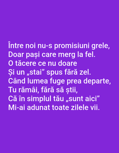 The image is a photograph of text displayed on a solid purple background. The text is white and appears to be a poem written in Romanian. There are no people, subjects, objects, or environmental elements visible in the image other than the text itself. The location in the city of Benešov nad Ploučnicí, Czechia, is not depicted or suggested in any way by the image.
