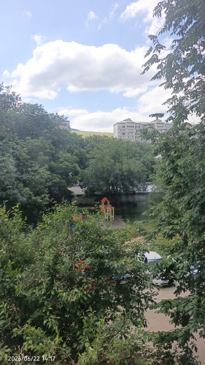 The image captures a view from an elevated position, looking down and across a residential area. In the foreground, lush green trees and bushes with small red berries are abundant, obscuring parts of the scene below. A children's playground with a colorful slide and climbing structure is visible in the middle ground, situated on a paved area. Beyond the playground, a dark-colored brick wall separates it from a body of water, possibly a pond or a canal. Further in the background, several multi-story apartment buildings are visible, with one prominent building in the center-right appearing to be light-colored and modern, while another on the far left is partially obscured by trees. The sky above is partly cloudy with large, fluffy white clouds against a clear blue sky. A few cars, including a white sedan and a darker colored vehicle, are parked in what appears to be a parking area visible through the trees. The timestamp "2026/06/22 14:17" is overlaid on the bottom left corner of the image. The location is identified as Ust-Dzheguta, Russia.
