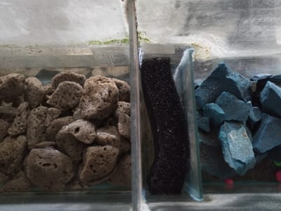 The image displays a static interior view of a multi-compartment glass tank, situated within the city of Ku Toet Seik, Myanmar. The tank is bisected by a clear vertical glass partition. The left compartment contains a dense aggregation of numerous irregularly shaped, porous rocks, predominantly light brown-grey in color, partially submerged in clear water. Adjacent to the right side of the glass partition, a thick, rectangular block of black, porous sponge material is positioned vertically. The right compartment is filled with a collection of angular, irregularly shaped blue rocks, also partially submerged in water. At the bottom of this compartment, beneath the blue rocks, several small, spherical, pink objects are discernible. The water level is consistent across both visible compartments. The upper interior surfaces of the glass exhibit minor residue, possibly organic in nature. No individuals or dynamic actions are present in the scene.