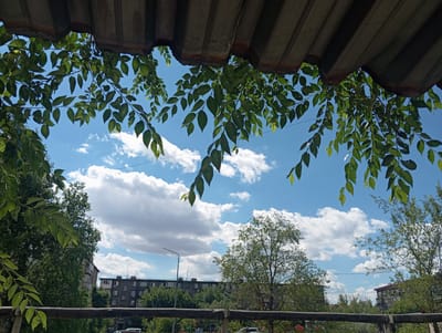 The image captures a view of the sky through the branches of a tree and from under a corrugated metal roof. The sky is blue with scattered white clouds. In the background, there are several multi-story apartment buildings, trees, and a street light. A dark pipe runs horizontally across the lower part of the frame, obscuring some of the view. The scene appears to be an urban environment, likely in Saran city administration, Kazakhstan, given the architectural style of the buildings and the overall atmosphere. There are no people or specific actions depicted in the image.