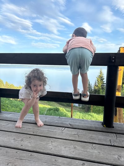 Two young children, one wearing light blue shorts and a pink shirt with white sandals, and the other wearing a white shirt and barefoot, are on a wooden deck looking out over a railing. The scene overlooks water and greenery. The image was taken in Галево, Russia.