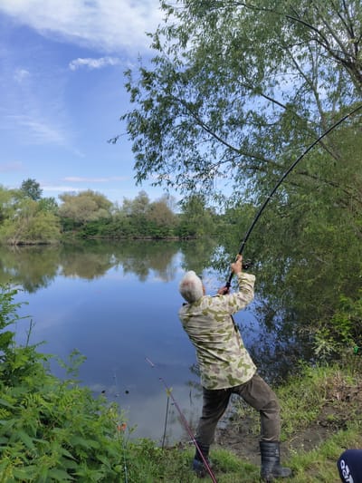 An elderly man with graying hair is fishing on the bank of a calm body of water, possibly a river or lake, with lush green vegetation on the opposite bank and a tree overhanging the water on the right. The sky is blue with scattered white clouds. The man is wearing a camouflage patterned shirt, brown trousers, and black boots. He is holding two fishing rods, one of which is bent significantly, indicating he is actively engaged in fishing. The water reflects the sky and surrounding trees. Several other fishing rods are planted in the ground near the man, suggesting he is in a dedicated fishing spot. The location is identified as Krushare, Bulgaria.