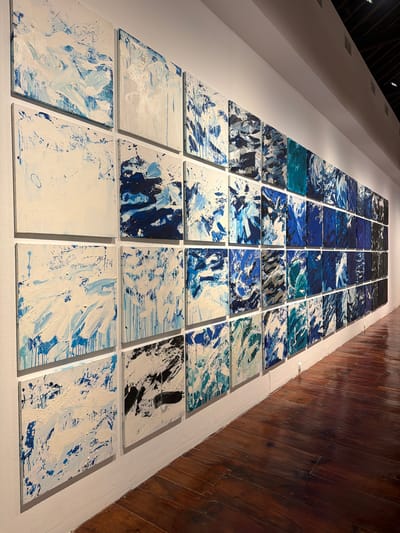This media file showcases a large-scale art installation composed of numerous square and rectangular canvases arranged in a grid formation on a white wall. The artwork is abstract, featuring a palette dominated by various shades of blue, white, and some black. The brushstrokes are dynamic and varied, ranging from thick impasto to thin washes and splatters, creating a sense of movement and texture. Some canvases appear to depict abstract representations of water or fluid forms, with swirling patterns and energetic lines. Others are more minimalist, with broad strokes of white paint and subtle hints of blue.
The installation is presented in an indoor setting, likely an art gallery or exhibition space, given the clean white walls and the polished wooden floor visible to the right of the artwork. The lighting appears to be artificial, casting shadows that emphasize the texture of the paintings and the arrangement of the canvases. The overall impression is one of a contemporary, visually striking art piece. There are no people visible in the frame, and no text is present in the artwork or the surrounding environment. The context of "La Cuesta, Spain" suggests this is a location where such an exhibition might be held, but the image itself does not contain specific geographical markers.