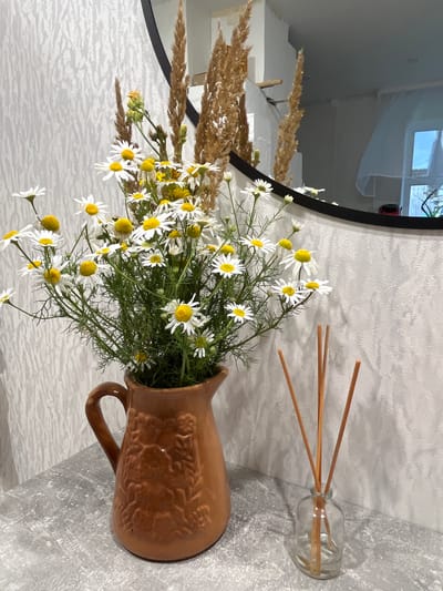 A still life arrangement features a brown ceramic pitcher overflowing with daisies and dried grasses, placed on a textured grey surface. To the right of the pitcher is a small clear glass bottle containing several wooden diffuser reeds. The background consists of a textured white wall with a subtle pattern and a portion of a circular mirror reflecting a window with white curtains. The scene is indoors and appears to be in a residential setting in Малосухоязово, Russia. There are no people or animals present.