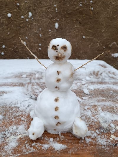 A small, three-tiered snowman, approximately 25-30 cm in height, is positioned centrally on a snow-dusted wooden surface in Shovot, Uzbekistan. The snowman's head, the topmost snowball, features two dark, irregular smudges for eyes and a small, horizontal dark smudge for a mouth, crafted from what appears to be soil or debris. Two thin, bare twigs protrude horizontally from the snowman's mid-section, forming arms. Its body consists of two lower snowballs, each marked with dark, irregular smudges arranged vertically like buttons. Two smaller, rounded snow masses at the base function as legs. The snow composing the snowman exhibits slight brownish discoloration, suggesting incorporation of dirt or earth. The wooden surface beneath the snowman is light brown with visible grain, partially obscured by an uneven, thin layer of white snow. The background consists of a vertical, textured surface, possibly a wall, appearing earthy brown with embedded plant fibers, and scattered small patches of clinging snow. The scene suggests an outdoor environment during cold, snowy conditions.