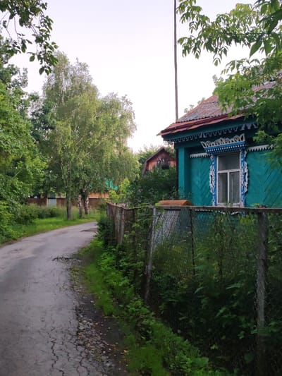 The image depicts a slightly overcast day in the village of Kashino, Russia, focusing on a residential street. A weathered asphalt road curves to the left, lined with lush green foliage and trees, primarily birches, on both sides. To the right of the road, a chain-link fence separates the street from a yard. Beyond the fence, a teal-colored wooden house with ornate white and blue trim around a window is visible. The house has a corrugated metal roof with some rust. Further down the road, other residential structures and fences can be seen amidst the greenery. The overall impression is of a rural or semi-rural setting with older architecture and abundant vegetation.