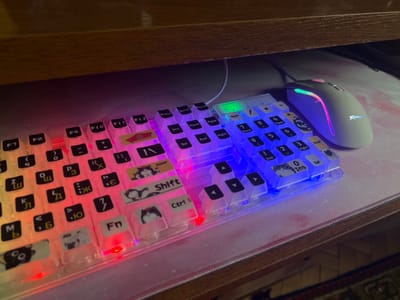 A close-up, elevated view captures a computer keyboard and mouse setup, likely on a desk beneath a wooden shelf, in Cherliany, Ukraine. The main subject is a transparent, backlit mechanical keyboard featuring a full layout, including a numpad. Its keys display both Latin and Cyrillic characters, consistent with the regional context. The keyboard emits a vibrant RGB light gradient, transitioning from red and pink hues on the left to blue on the right, including a bright green "Num" lock indicator. Several keycaps are customized with cartoon husky dog images, adding a personal touch to keys like "Enter," "Shift," "Ctrl," "Alt," and various alphanumeric and navigation keys.
Adjacent to the keyboard on a light-colored mouse pad is a white gaming mouse, branded "TRIKE MI," also adorned with multi-colored RGB lighting along its sides and scroll wheel. The mouse pad appears subtly stained in some areas. The scene suggests a personalized computer workstation, likely used in dim ambient lighting given the prominence of the device backlighting. No specific activity or event is taking place, but the setup appears ready for use. Visible text includes function keys (F1, F8, FQ, F10, F11, F12), navigation keys (Prtsc, ScrLk, Pause, Ins, Home, PgUp, Del, End, PgDn), modifiers (Shift, Ctrl, Alt, Fn), and a wide range of Latin (e.g., Q, A, Z, P, M) and Cyrillic characters (e.g., Ш, Щ, З, Ж, Б, Ю).