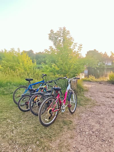 The media file depicts a tranquil scene of four bicycles parked on the grassy verge beside a gravel path. The bicycles are lined up, facing the viewer, with their front wheels slightly turned. The closest bicycle is a vibrant pink and white model with a white front wheel and handlebars. To its left is another pink bicycle, followed by a blue bicycle. The last bicycle, partially obscured, appears to have black and yellow accents.
The setting is a natural landscape with lush green foliage and trees bordering a calm body of water, likely a river or canal, reflecting the bright sky. In the background, across the water, a rustic building with peeling paint is visible, suggesting a rural or semi-rural location. The sky is bright and hazy, indicating either early morning or late afternoon, with the sun's rays creating a soft glow, particularly on the water and foliage. The weather appears to be clear and warm, conducive to outdoor activities. The overall mood is peaceful and serene, evoking a sense of relaxation and leisure, possibly hinting at a recent outing or an upcoming one. No visible text is present in the image. The location context is Речник-1 Снт, Russia.