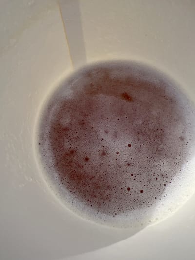 A top-down, close-up photograph shows the contents of a white container. The contents appear to be a reddish-brown liquid with a foamy surface composed of numerous small bubbles. Part of the container's rim and a handle are visible on the left and right edges of the image, indicating the composition is taken from inside the container. No evidence in the photograph indicates a specific location in Peguera, Spain, or any other identifiable setting. No people, actions, or interactions are present. The environment is limited to the interior of the container.
