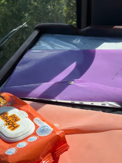 The image shows a close-up view of items inside what appears to be a vehicle, possibly a car or a van, during daytime. In the foreground, there is an orange package of "Honey Kid" wet wipes. The package has a cartoon bee and children's drawings on it. To the left of the wet wipes, partially visible, is a white lid with the text "Honey Kid" written in yellow.

Behind the wet wipes, there are two folders or document protectors. The one in the front is a translucent purple folder with a white snap closure. Inside this folder, and visible through it, are white sheets of paper with text and lines, possibly documents. The second folder, behind the purple one, appears to be clear plastic and contains similar documents.

The items are placed on a dark surface, likely the dashboard or center console of the vehicle. Sunlight is casting shadows on the purple folder, indicating it is daytime and the sun is shining. The background is blurred, showing green foliage and trees, suggesting an outdoor environment. There are no people visible in the image. The location is specified as Zarech'e, Russia.