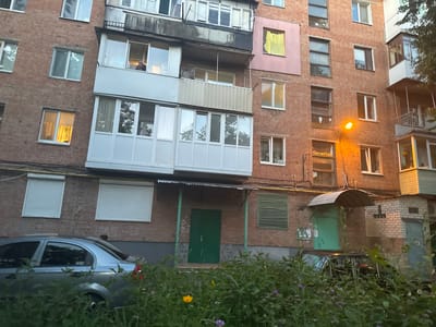 A low-angle, exterior shot depicts a brick apartment building in the city of Гожули, Ukraine. The building features multiple windows, some with shutters, and balconies. A person is visible in a second-story window. A silver sedan is parked in front of the building, partially obscured by dense green foliage and flowers. A streetlamp illuminates the scene. The overall impression is one of a residential urban environment.