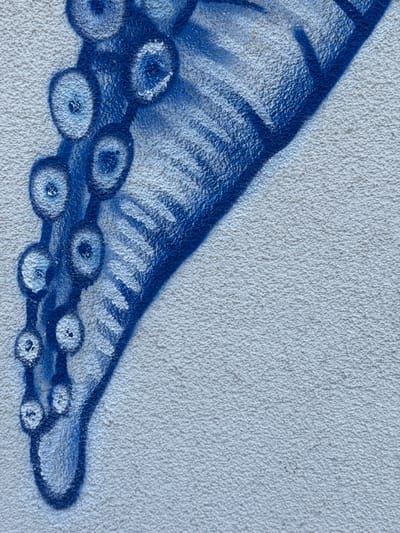 This is a close-up, overhead, medium shot of blue spray paint graffiti on a textured light gray wall. The graffiti depicts a series of circular shapes, resembling suction cups or bubbles, arranged in a line along a curved form. The spray paint has a faded, somewhat abstract quality, with some areas appearing more solid blue and others showing lighter, misted effects. The textured nature of the wall is visible, creating a granular surface that interacts with the spray paint application. The composition is dominated by the blue graffiti on the left and center, with the plain wall filling the right side of the frame. There are no people or discernible actions in the image. The graffiti is located on a wall in Strombeek-Bever, Belgium.