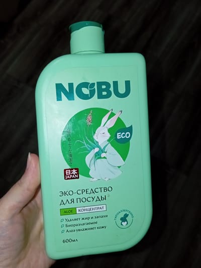 A light green plastic bottle of NOBU brand dishwashing liquid is held in a person's left hand against a dark, wood-grained background. The bottle has a white label with green text and graphics. The prominent branding includes the word "NOBU" in large, bold green letters at the top. Below this, a circular graphic features a white rabbit in a green robe holding aloe vera. The text on the label includes "ЭКО-СРЕДСТВО ДЛЯ ПОСУДЫ" (eco-friendly dishwashing liquid), "ALOE КОНЦЕНТРАТ" (aloe concentrate), and a list of benefits: "Удаляет жир и запахи" (removes grease and odors), "Биоразлагаемое" (biodegradable), and "Алоэ увлажняет кожу" (aloe moisturizes skin). A "JAPAN" logo in a red rectangle is also present. A green "ECO" symbol is visible to the right of the rabbit. In the lower right corner of the label is a circular emblem with a rabbit silhouette and the text "ГИПОАЛЛЕРГЕННО" (hypoallergenic). The bottle's volume is stated as "600 мл" (600 ml). The image is taken at a slightly upward angle, with the bottle filling most of the frame. The location in Рубёжин ауылдық округі, Kazakhstan is not determinable from the visual information provided.