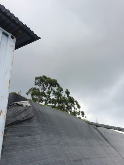 An upward-angled view in Koipa, Papua New Guinea, depicts an overcast grey sky occupying the upper two-thirds of the frame. In the extreme left foreground, a section of a light-blue metal structure, possibly a shipping container, exhibits visible rust on its surfaces. Extending from the top left, a dark corrugated metal roof line is visible, apparently part of the same structure. Below the roof and extending across the lower midground is a large, steeply sloped surface covered with a dark grey, tightly woven fabric featuring light green horizontal lines. Behind this covered slope, a dense cluster of green-leafed trees stands against the sky. On the right side of the covered slope, a dark, tubular object, possibly a wrapped pipe or hose, is partially visible running horizontally near the top edge amidst sparse vegetation. No human subjects or discernible actions are present.