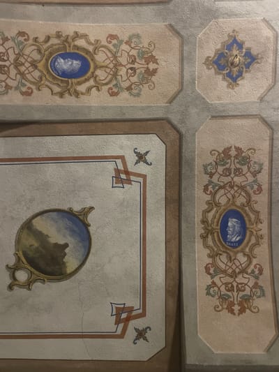 The image displays a section of a frescoed ceiling or wall, likely in a historic building. The artwork features decorative borders and oval portraits within ornate frames. One oval portrait clearly depicts a profile of a man with a beard and the name "DANTE" inscribed below. Another oval contains a landscape scene. The color palette is muted, with beige, brown, blue, and reddish-brown tones dominating. The style appears to be Renaissance or Baroque inspired. The fresco is in fair condition, showing some signs of age and possibly minor cracks in the plaster. The lighting suggests the image was taken indoors. The location of this artwork is the Collegio Don Bosco in Borgosesia, Italy.