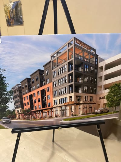 An architectural rendering displays a modern building complex. "RAILROAD AVE" is prominently displayed on the building. A clock and a "LEASING" sign are visible on the facade. The structure features a mix of materials including brick, metal, and glass. The rendering includes sky and trees, suggesting a completed development within its surroundings. The artwork is displayed on an easel.
