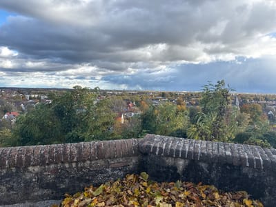 The image depicts a panoramic view over the city of Dachau, Germany, likely taken from the elevated grounds of Dachau Castle, overlooking the old town.
In the foreground, a weathered, low brick wall or parapet extends across the lower portion of the frame. It is constructed from irregular, dark red-brown bricks, topped with a flat coping course. The wall exhibits signs of age, including discoloration and some organic growth. At the base of the wall, a scattering of dry, yellow-brown autumn leaves is visible on the ground.
Immediately beyond the wall, a dense canopy of trees and bushes, primarily green with some yellowing autumn foliage, partially obscures the urban landscape. A slender, light-colored church spire with a pointed roof rises above these trees to the right of the center.
The midground and background present a sprawling residential area characterized by numerous houses with predominantly red-tiled roofs, interspersed with additional trees showing autumnal colors. In the far distance, several wind turbines are discernible against the horizon.
The sky occupies the upper third of the image, dominated by heavy, dark grey clouds indicative of unsettled weather. Towards the right side of the frame, a brighter area of sky suggests sunlight breaking through the cloud cover, illuminating parts of the distant landscape. No people or animals are visible in the scene.