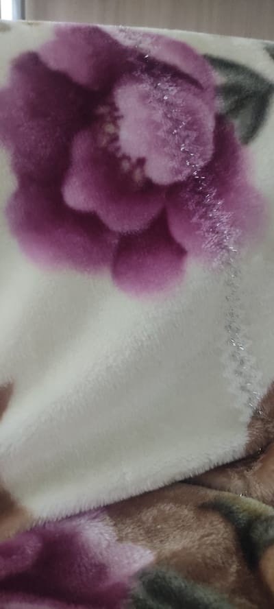 This is a close-up, slightly blurry, vertical photograph of a plush blanket with a floral pattern. The dominant colors are shades of purple and cream. A large, stylized purple flower with lighter purple and white accents is visible, taking up most of the upper portion of the image. Some of the flower petals appear to have a sparkly or metallic sheen. Below the flower, the cream-colored background of the blanket is textured and soft. A faint stitched seam with silver thread runs vertically along the right side of the flower. The bottom portion of the image shows a continuation of the blanket's pattern, with brown and green colors mixing with the purple. The image appears to be taken indoors, possibly on a bed or sofa. There are no people visible in the image, and no specific location in Shaydon Town, Tajikistan can be identified from the visual information provided.