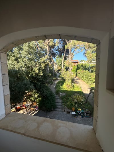 This is a photograph taken from an arched window opening onto a sun-drenched garden in Kfar Vradim, Israel. The foreground is dominated by a light-colored stone windowsill. Beyond this, a lush garden unfolds, characterized by mature trees, dense shrubbery, and flowering plants. A paved pathway winds through the garden, interspersed with stone steps. In the lower left of the garden, a wooden table with chairs is set up, suggesting an outdoor seating area. Further into the garden, a collection of children's toys is visible, including a bicycle, a scooter, and various colorful items scattered on the ground. A partially visible building with a reddish-brown roof is nestled amongst the trees in the background. The sky is clear and blue.