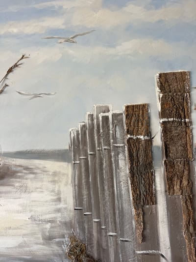 This is a close-up, horizontal media file of an abstract artwork. The artwork appears to be a mixed media piece, incorporating painted elements with textured natural materials, likely bark and nesting material.
The subjects include representations of birds in flight, rendered in a minimalist, grey brushstroke style. These birds are positioned against a background painted with soft, blended strokes of light blue and white, suggesting a sky with clouds. The textured elements are arranged to create the impression of a layered structure, possibly a wall or a nest. Strips of rough, brown bark are attached horizontally, interspersed with what appear to be painted or textured grey elements mimicking bricks or wood. A small clump of natural, straw-like material, resembling a bird's nest, is adhered to the upper right section of this textured structure. The overall aesthetic is abstract and suggestive rather than literal.
The time of day and weather are implied by the sky depiction, suggesting daylight with possibly scattered clouds. There are no discernible human figures. The activity is static, representing a scene rather than an event. Notable details include the contrasting textures of smooth paint and rough bark, and the delicate rendering of the birds. The painting style is impressionistic, with visible brushstrokes adding to the texture and depth.
There is no visible text in the media file. The location context provided, Calp, Spain, might suggest inspiration for the natural elements or the seascape-like sky, but there are no direct visual cues within the artwork itself to confirm this specific location. The overall mood is serene and natural.