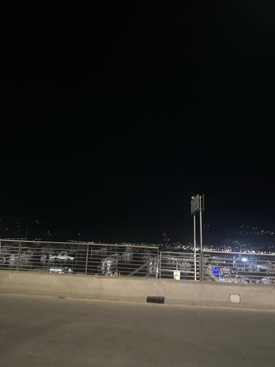 The image captures a nighttime scene from a paved observation point overlooking a marina in Sestri Levante, Italy. In the immediate foreground, a dark gray paved surface, possibly asphalt or concrete, occupies the lower third of the frame. Three dark, cylindrical objects, consistent with stacked tires, rest on this surface near a low, light-colored concrete wall. Above the concrete wall, a horizontal metal railing, composed of multiple parallel bars, extends across the midground. Beyond this railing and wall, a marina is visible, filled with numerous boats of various sizes. Their forms are largely obscured by darkness, though some lighter reflections and partial outlines of hulls and superstructures are discernible. A tall, slender metal pole supporting a rectangular sign, whose text is illegible, stands upright to the right of the frame, behind the railing. In the distant background, across what appears to be a body of water, the illuminated coastline of Sestri Levante is marked by scattered points of artificial light. The sky above is uniformly dark, indicating a lack of natural illumination or significant cloud cover. No individuals, specific actions, or interactions are clearly visible.